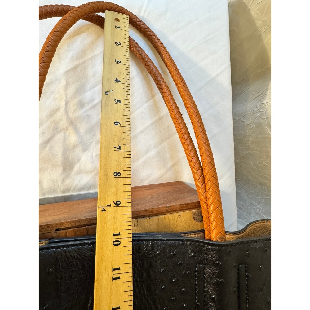 Tote Bag Womens Large Black Cognac Excellent Ostrich Croc Emboss Pouch - Picture 7 of 11